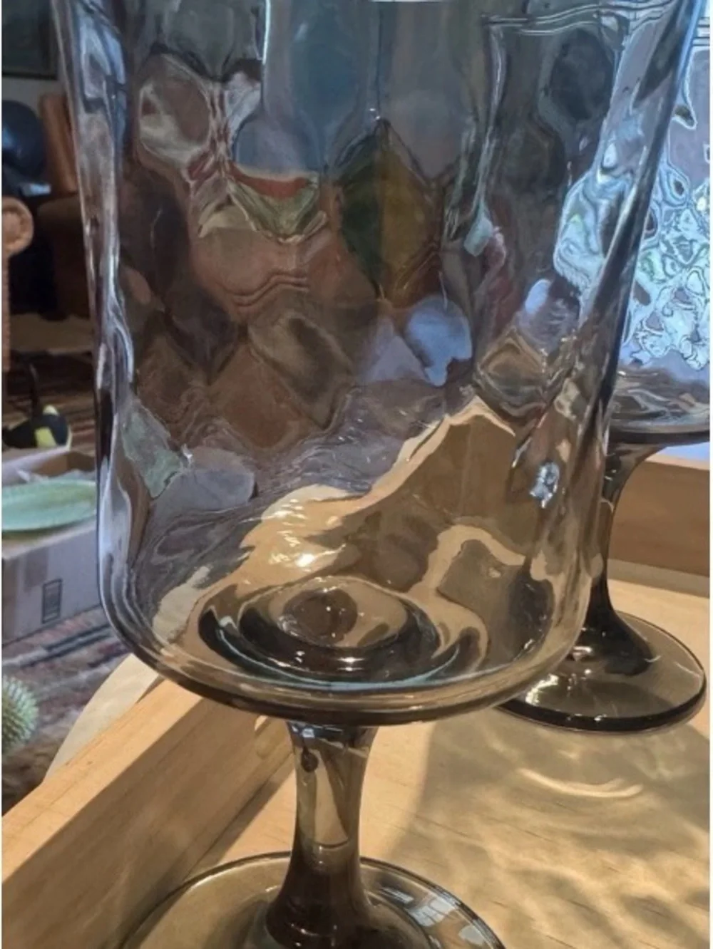 5 Libbey Smoke Grey Taupe Optic Swirl Wine Beverage Glass Goblet MCM 6¾